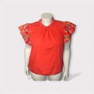 Crown & Ivy Women’s Top XXL Orange Embroidered Flutter Sleeve Boho Fiesta Casual